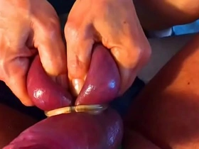 Wife's tight grip on my swollen balls in homemade Pia video