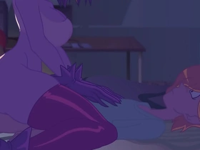 A humorous animated depiction of a vampire transformation in Nevarky, featuring big boobs and a blowjob