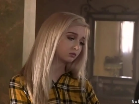 A bigcocked fan takes turns with others to fuck a petite, blonde cam girl while she's tied up in bondage