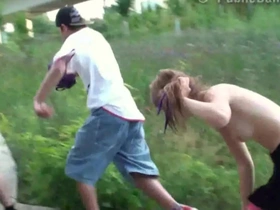 Young blonde teen gets brutally fucked in public orgy