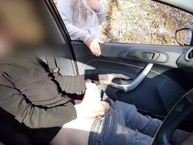 Amateur guy gets caught masturbating in parked car and gets helped to climax by a runner girl