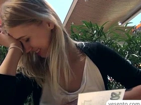 A stunning blonde beauty receives compensation for her daring public displays of nudity and sexual encounters