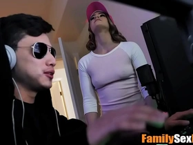 Taboo teen threesome with step-sis and bro while he's gaming