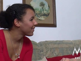 Shy ebony teen gets surprised by her lover's early arrival
