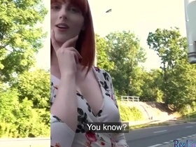 Fiery redhead gets pulled for outdoor doggy style after riding