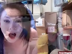 A naughty shoplifter gets caught by the security guard and has an intense office sex encounter