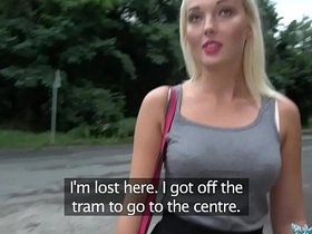 Blonde public agent receives a large penis from a wandering man outdoors