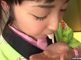 Asian beauty in traditional Japanese attire pleasures a well-endowed man